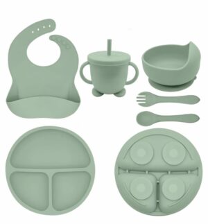 Silicone food set and two silicone spoons with wooden handles | طقم طعام سيليكون ومعلقتين سيليكون بيد خشب