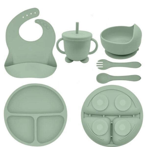 Silicone food set and two silicone spoons with wooden handles | طقم طعام سيليكون ومعلقتين سيليكون بيد خشب