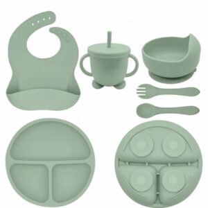 Silicone food set and two silicone spoons with wooden handles | طقم طعام سيليكون ومعلقتين سيليكون بيد خشب